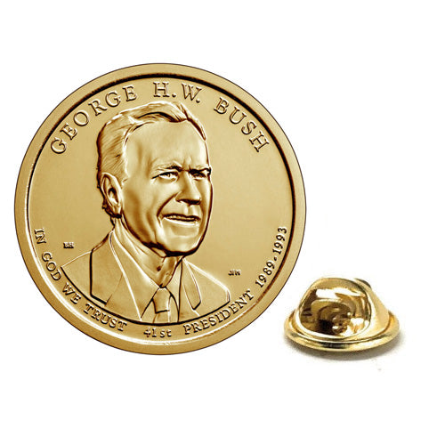 George HW Bush Presidential Dollar Lapel Pin, Uncirculated One Gold Dollar Coin Enamel Pin George Bush