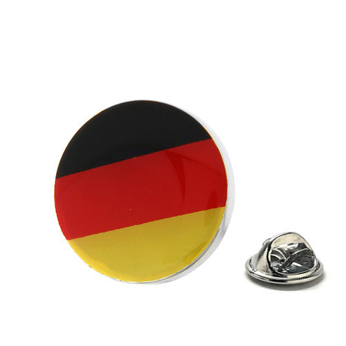 Round Germany flag lapel pin featuring black, red, and gold enamel design with silver trim, perfect for showing Deutschland pride or gifting to travelers.