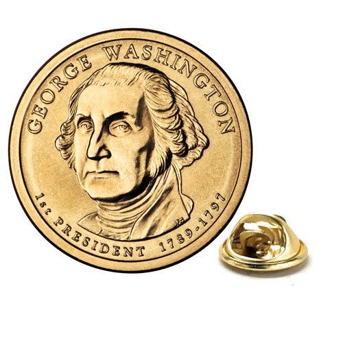 George Washington Presidential Dollar Lapel Pin, Uncirculated One Gold Dollar Coin Enamel Pin