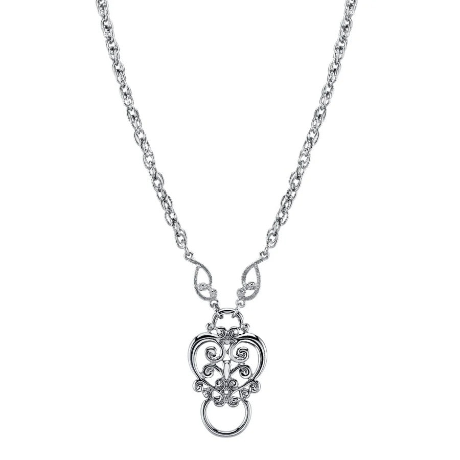 Women's Necklace Silver Jewelry Heart Filigree Badge & Eyeglass Holder Chain Necklace 28"