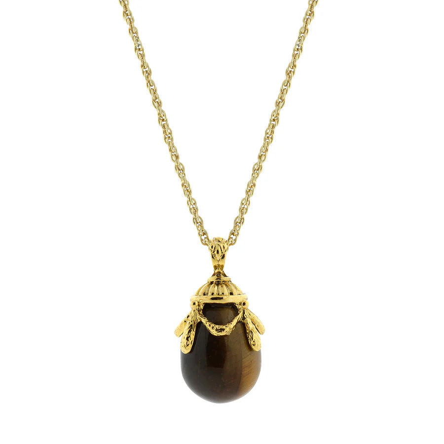 Women's Necklace Gold Tigers Eye Gemstone Egg Pendant Necklace 30"