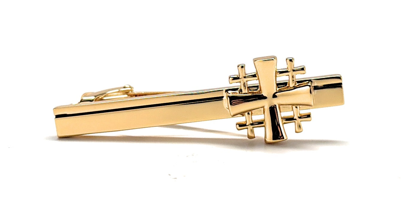 Polished gold Jerusalem Cross tie clip for church weddings and pastors