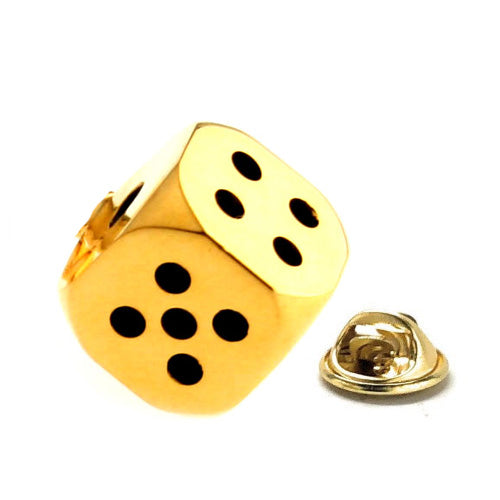 Gold dice-shaped lapel pin on a white background