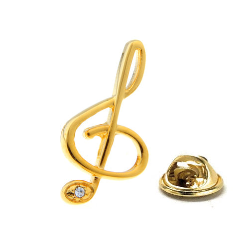 JayPins Gold Music Note Lapel Pin with crystal accent shown on a white background — perfect gift for musicians, singers, and music teachers.