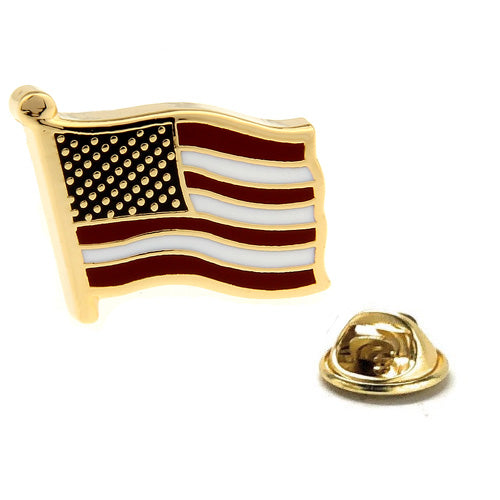 American flag lapel pin with gold border on a white background
