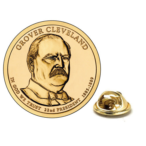 Grover Cleveland Presidential Dollar Lapel Pin, Uncirculated One Gold Dollar Coin Enamel Pin