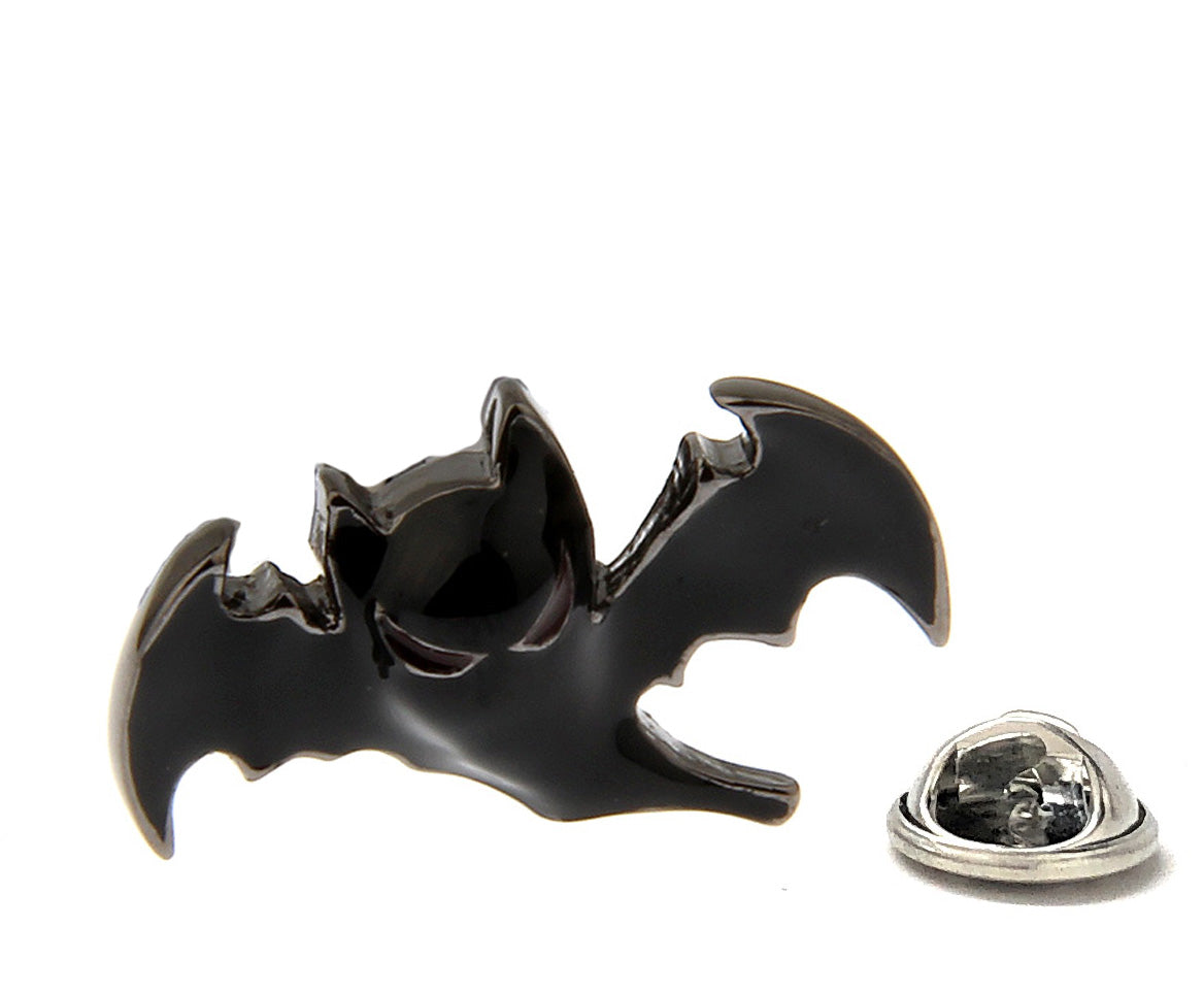Black bat-shaped lapel pin on a white background