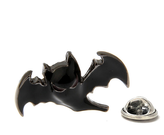 Black bat-shaped lapel pin on a white background