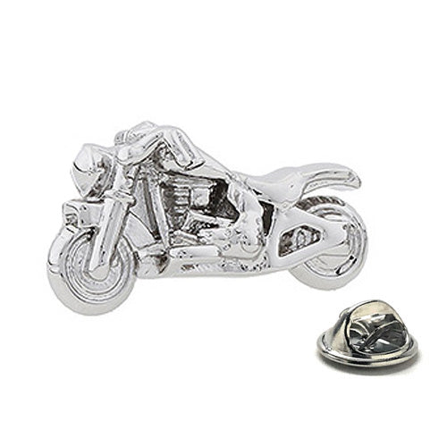 Silver motorcycle-shaped lapel pin on a white background