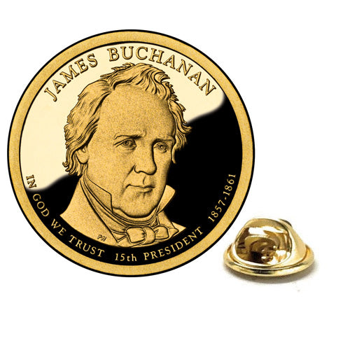 James Buchanan Presidential Dollar Lapel Pin, Uncirculated One Gold Dollar Coin Enamel Pin