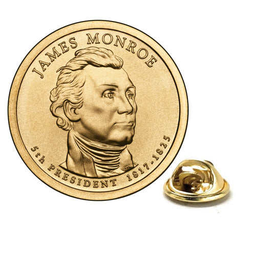 James Monroe Presidential Dollar Lapel Pin, Uncirculated One Gold Dollar Coin Enamel Pin