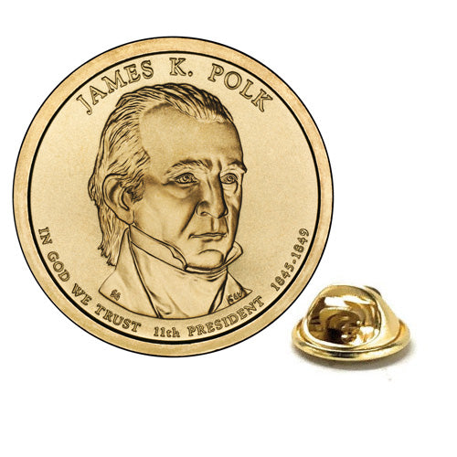 James Polk Presidential Dollar Lapel Pin, Uncirculated One Gold Dollar Coin Enamel Pin