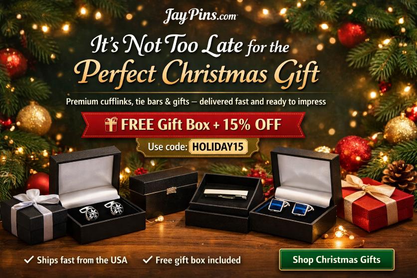 It’s not too late for the perfect Christmas gift – premium cufflinks and tie bars from JayPins with free gift box and 15% off.