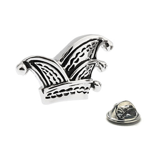 Metallic court jester hat lapel pin on a white background