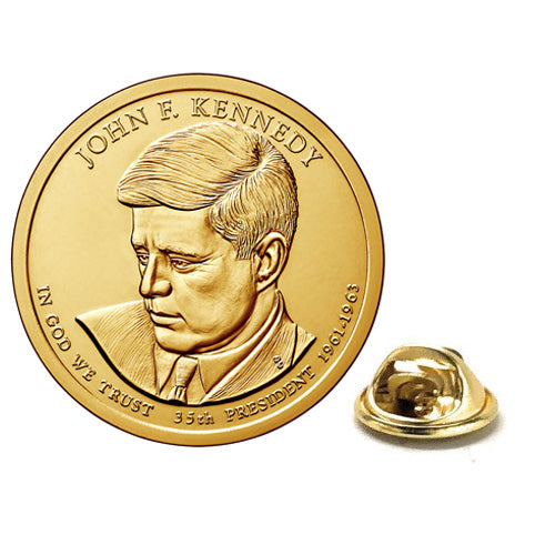 John F Kennedy Presidential Dollar Lapel Pin, Uncirculated One Gold Dollar Coin Enamel Pin JFK