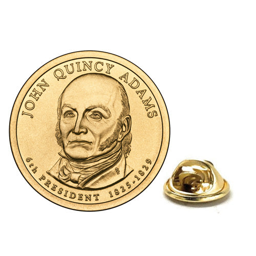 John Quincy Adams Presidential Dollar Lapel Pin, Uncirculated One Gold Dollar Coin Enamel Pin