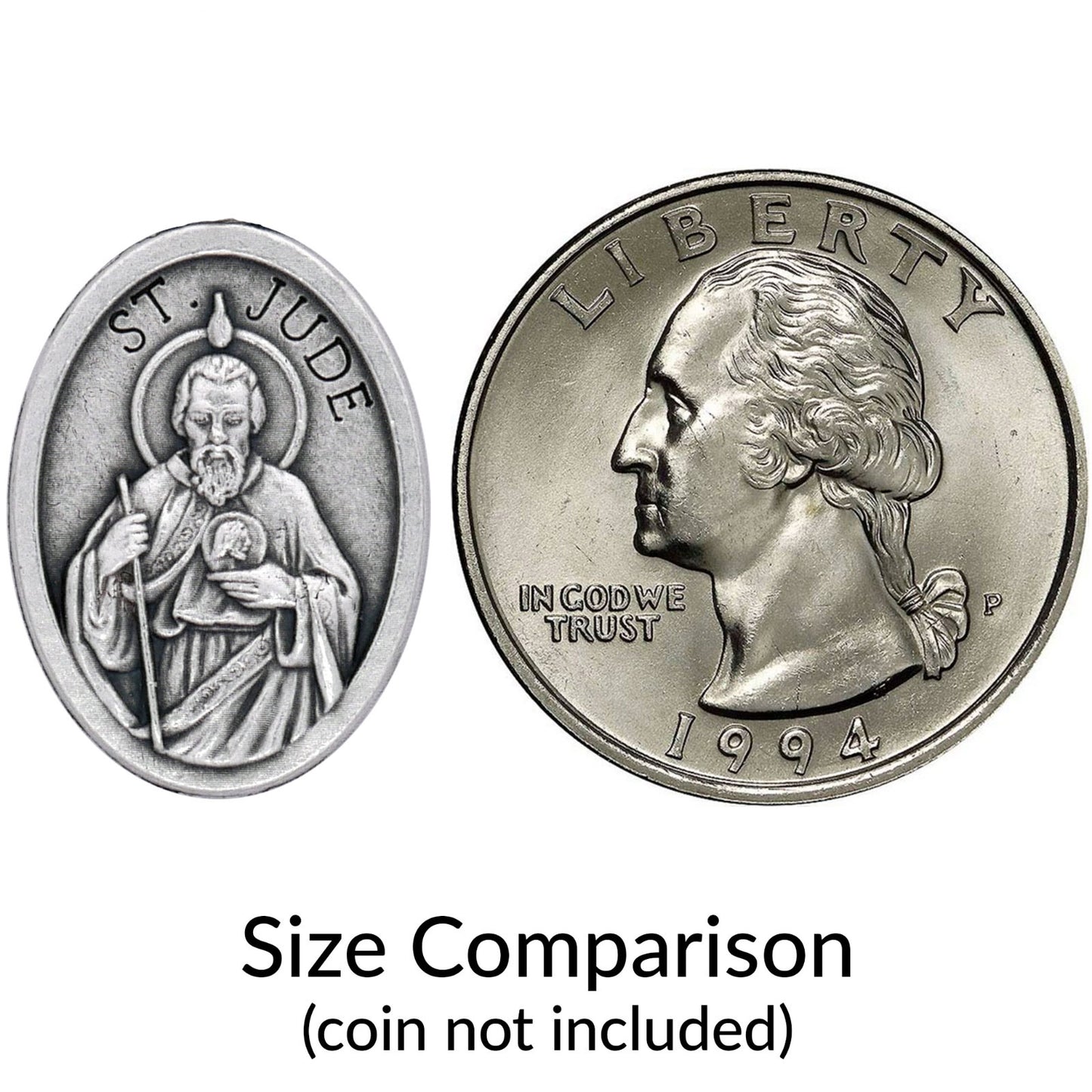 Size comparison between a religious pendant and a U.S. quarter coin on a white background.