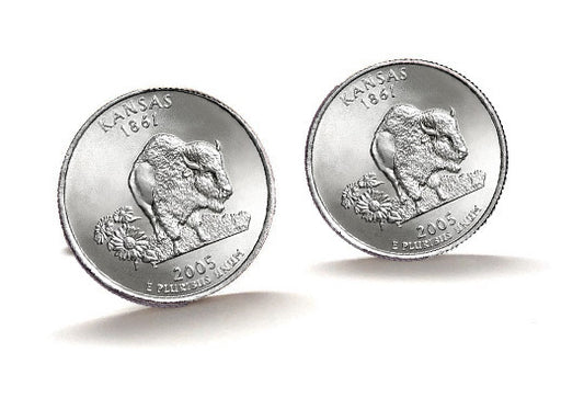 Kansas State Quarter Coin Cufflinks Uncirculated U.S. Quarter 2005 Cuff Links Enamel Backing Cufflinks