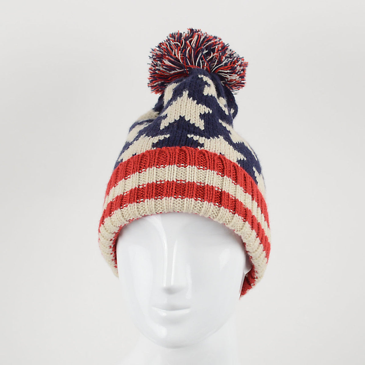 Old School Unisex American Flag Knit Pom Beanie Ski Hats with Stars Red White and Blue