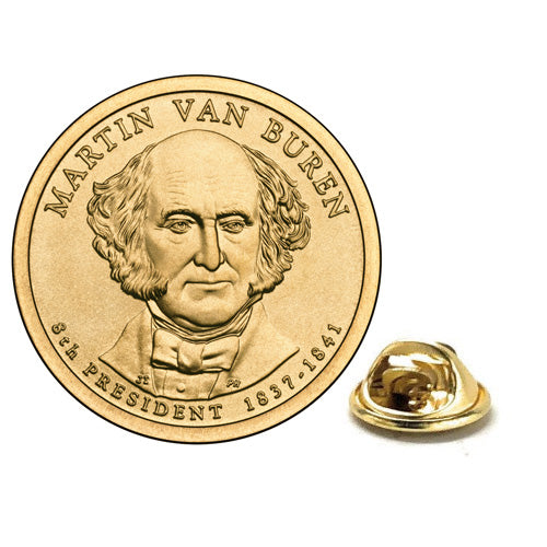 Martin Van Buren Presidential Dollar Lapel Pin, Uncirculated One Gold Dollar Coin Enamel Pin