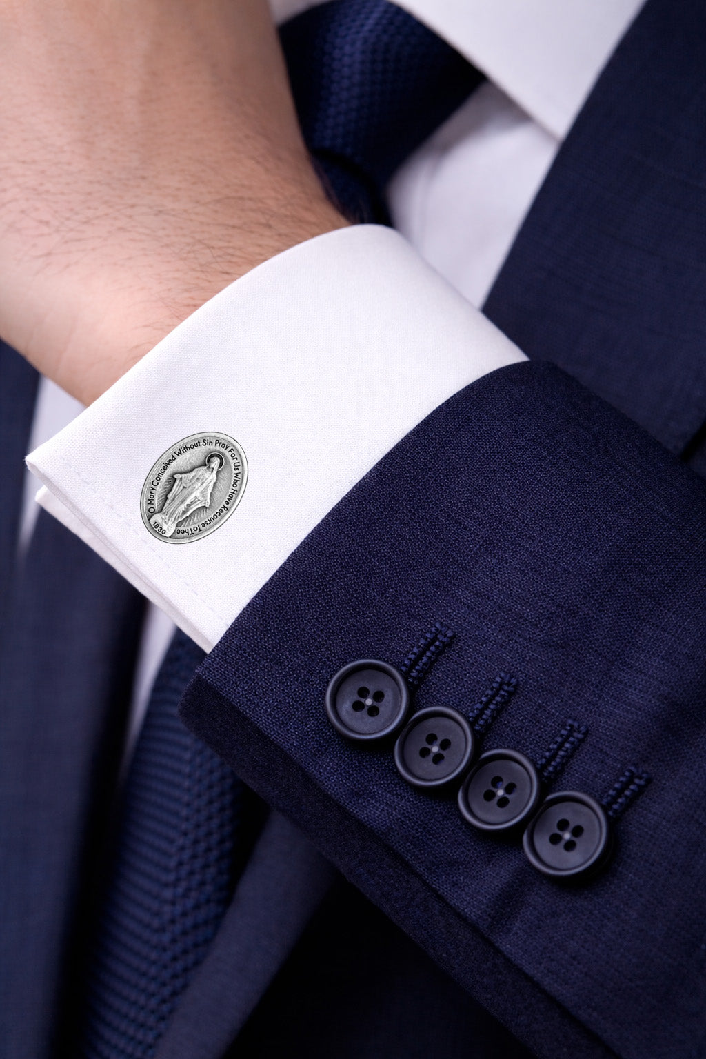 Miraculous Medal cufflinks featuring the Blessed Virgin Mary in silver-tone Catholic religious jewelry for men bue suit 