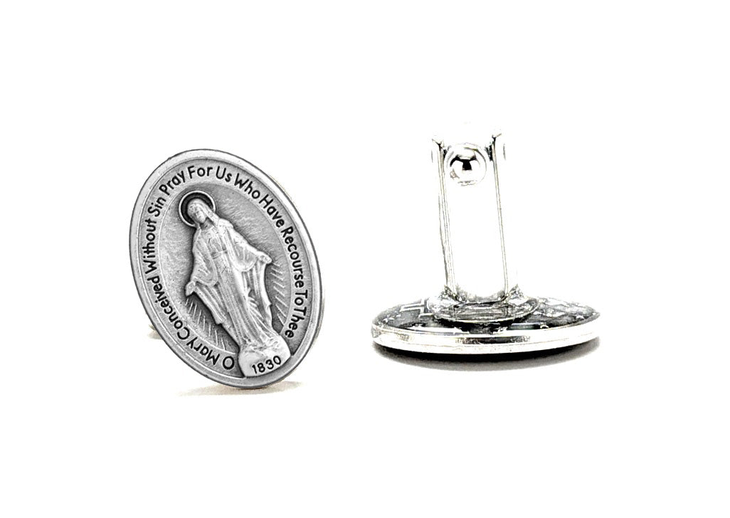 Miraculous Medal cufflinks featuring the Blessed Virgin Mary in silver-tone Catholic religious jewelry for men