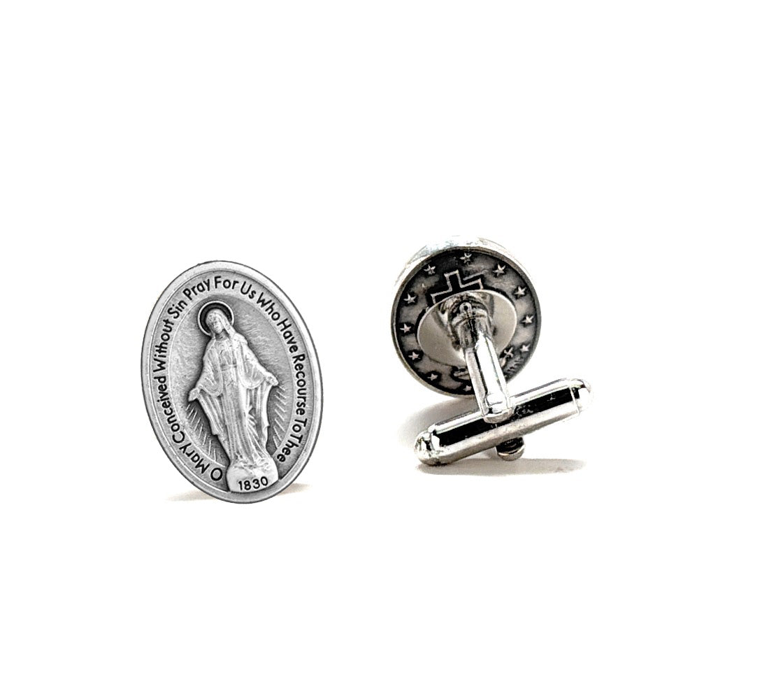Miraculous Medal cufflinks featuring the Blessed Virgin Mary in silver-tone Catholic religious jewelry for men front and back 