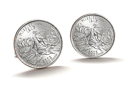 Mississippi State Quarter Coin Cufflinks Uncirculated U.S. Quarter 2002 Cuff Links Enamel Backing Cufflinks