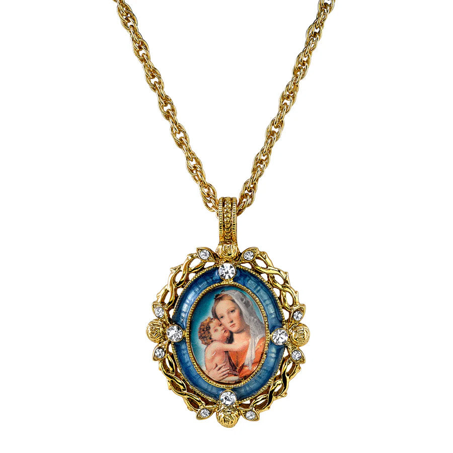 Women's Necklace Gold Symbols Of Faith Crystal Blue Enamel Mary And Child Pendant Necklace 24"