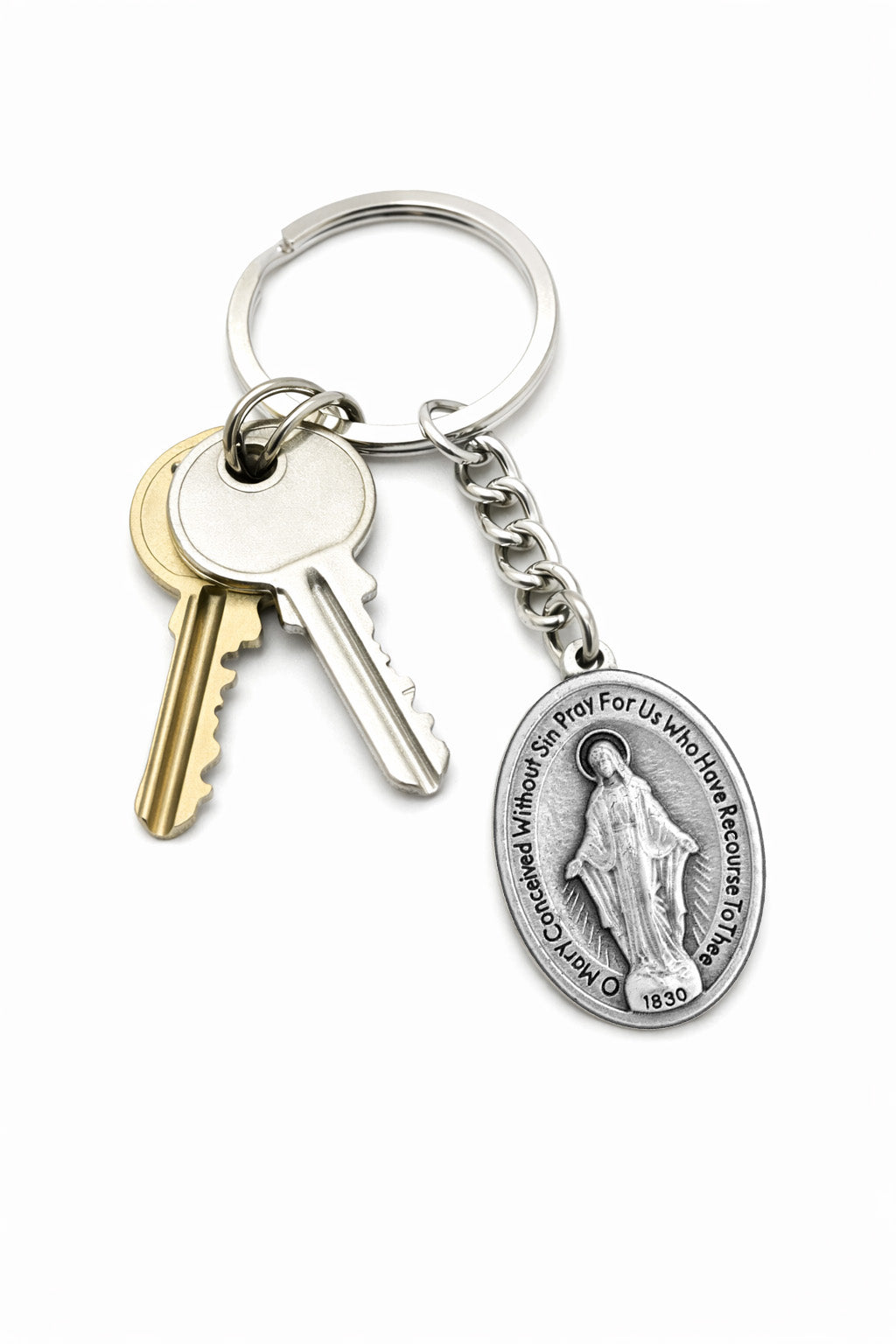 Miraculous Medal Virgin Mary Catholic keychain on white background with keys on keychain