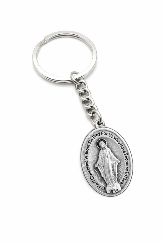 Miraculous Medal Virgin Mary Catholic keychain on white background