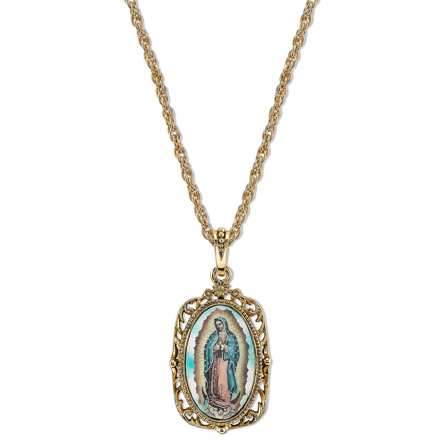 Women's Necklace Gold Symbols Of Faith Lady Of Guadalupe Medallion Pendant Necklace 24"