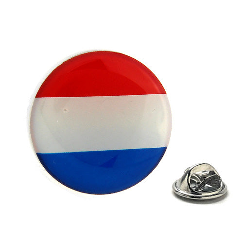 Round Netherlands flag lapel pin with red, white, and blue enamel design and metal edge, perfect for showing Dutch pride or gifting to travelers.