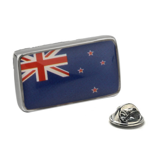 Rectangular New Zealand flag lapel pin with blue enamel background and red stars, featuring the Union Jack design, perfect for showing Kiwi pride or gifting.