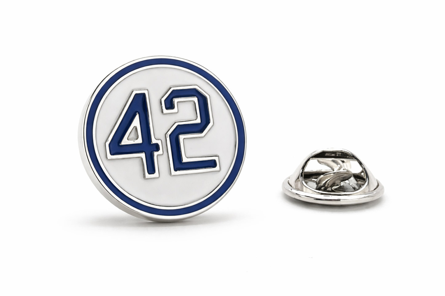 Number 42 enamel lapel pin with silver and blue design on white background
