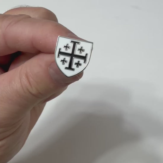 Black and white Jerusalem Cross shield lapel pin with polished silver finish and butterfly clutch backing.