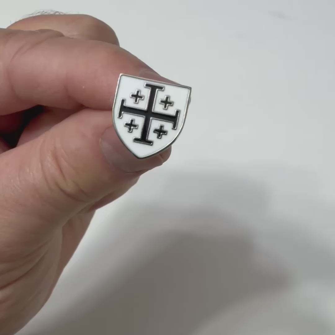 Black and white Jerusalem Cross shield lapel pin with polished silver finish and butterfly clutch backing.