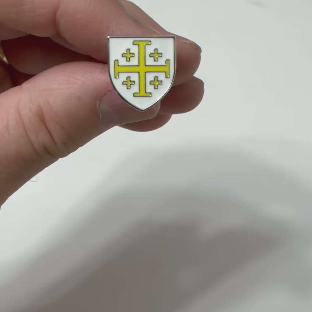 White and gold Jerusalem Cross cufflinks with polished silver finish, handcrafted Christian men's dress accessories for weddings, church, and formal occasions.