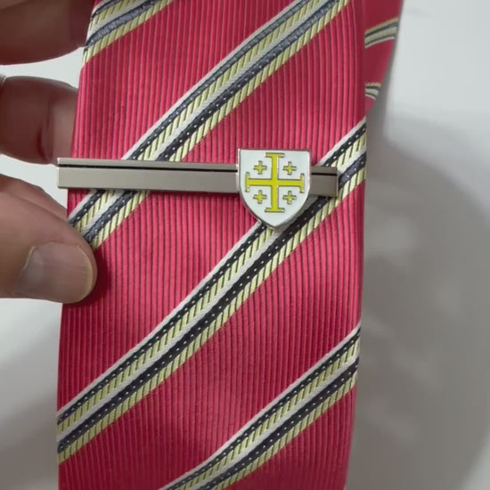 White and gold Jerusalem Cross tie clip with polished silver finish handcrafted for men's church, wedding, and business attire.