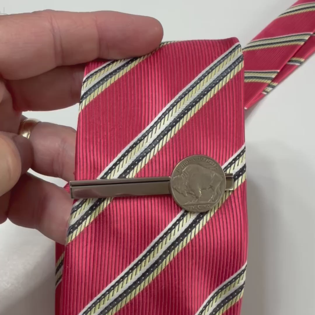 Buffalo Nickel tie clip handcrafted from a genuine U.S. Buffalo Nickel featuring the iconic American buffalo mounted on a polished silver tie clip.