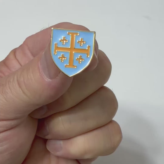 Jerusalem Cross Heritage lapel pin featuring polished gold-tone metal with blue enamel shield and butterfly clutch backing.