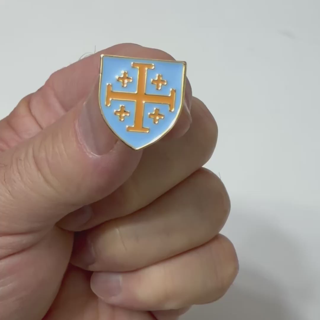 Jerusalem Cross Heritage lapel pin featuring polished gold-tone metal with blue enamel shield and butterfly clutch backing.