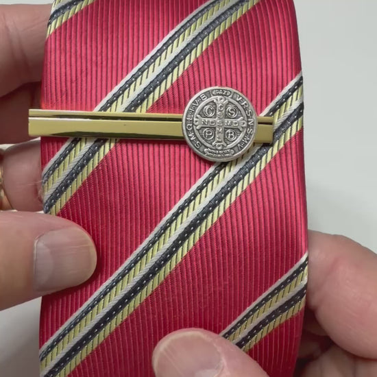 Saint Benedict Heritage gold tie clip featuring the Saint Benedict Medal handcrafted by JayPins