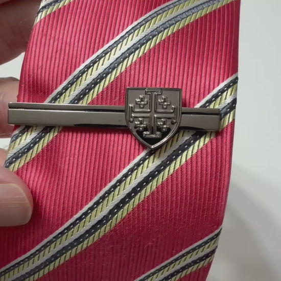 Gunmetal Jerusalem Cross shield tie clip for men Christian tie bar video