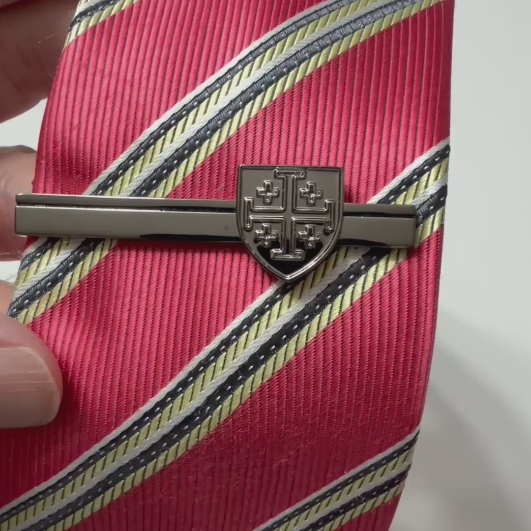 Gunmetal Jerusalem Cross shield tie clip for men Christian tie bar video