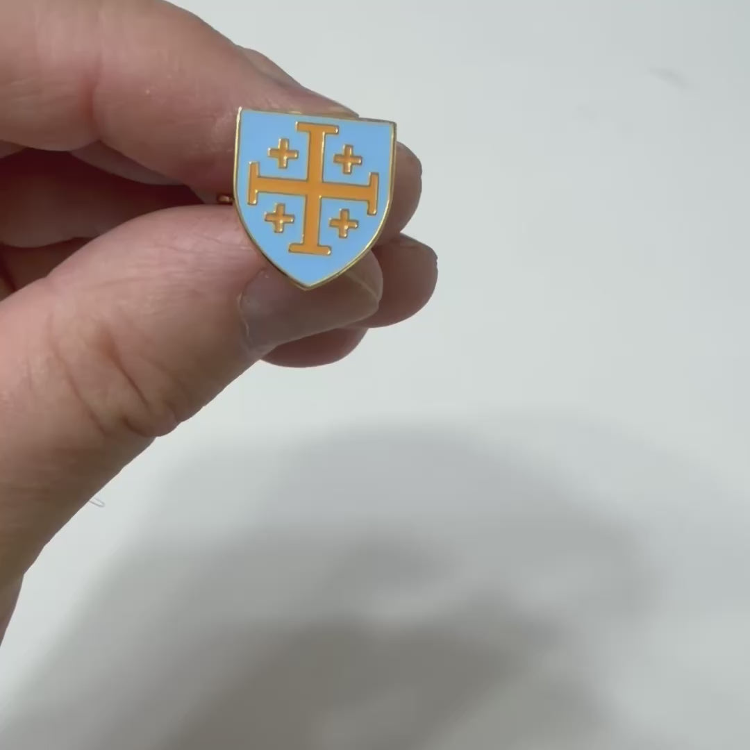 Gold and blue Jerusalem Cross Heritage cufflinks with polished finish for Christian formal wear.