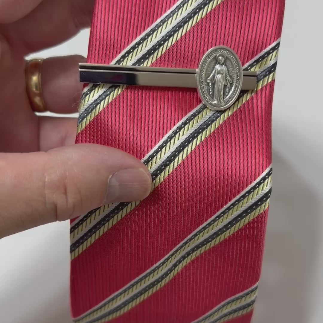 Spanish Edition Mother Mary Miraculous Medal Silver Tie Bar 