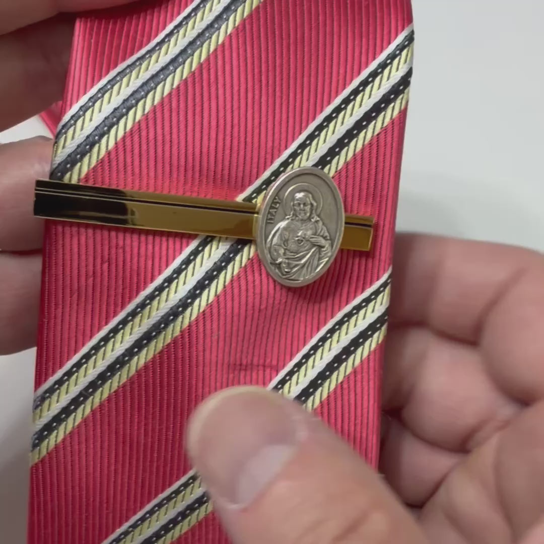 Polished gold Sacred Heart Heritage Tie Clip featuring an authentic Italian Sacred Heart medallion for men's formal wear.