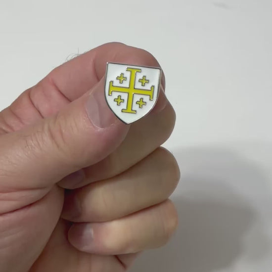 White and gold Jerusalem Cross lapel pin with polished silver finish and butterfly clutch backing on a white background.