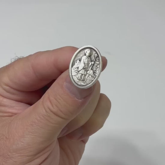 Silver St. Patrick Catholic lapel pin with detailed Saint Patrick medal design and clutch backing